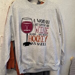 Gray Graphic Sweatshirt with Wine and Hockey Design